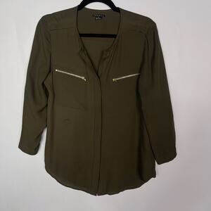 Theory Womens Small S Olive Green Brundia Silk Button Front Blouse Zip Chest Top
